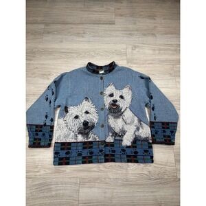 Vintage Sugar Street Weavers Westie Dog Tapestry Cardigan Sweater Large 90's USA